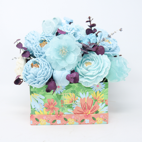 All Peonies Blue & Yellow Green Box 12-14 Flowers SoapFleur Forever Soap Bouquet with Dehydrated Botanicals