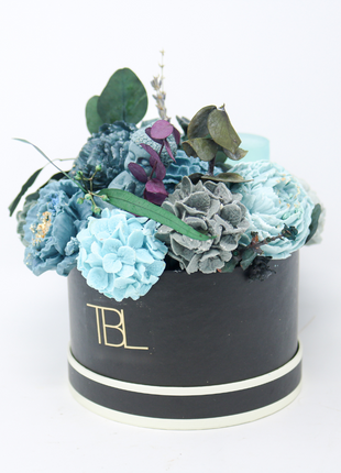 Mixed Blue and Gray Black Box 10-12 Flowers SoapFleur Forever Soap Bouquet with Dehydrated Botanicals