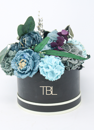 Mixed Blue and Gray Black Box 10-12 Flowers SoapFleur Forever Soap Bouquet with Dehydrated Botanicals