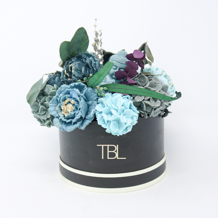 Mixed Blue and Gray Black Box 10-12 Flowers SoapFleur Forever Soap Bouquet with Dehydrated Botanicals